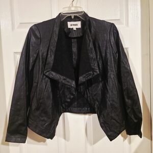 BB Dakota Black Faux Leather Open-Front Draped Jacket